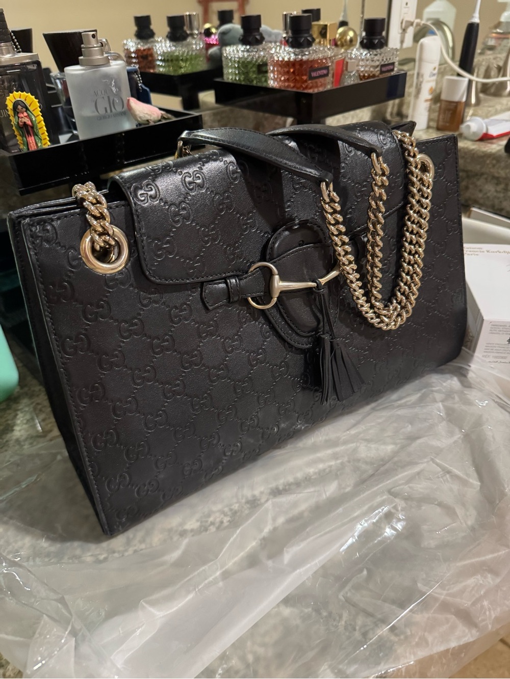 Gucci Black Embossed GG Leather Shoulder Bag with Gold Chain
